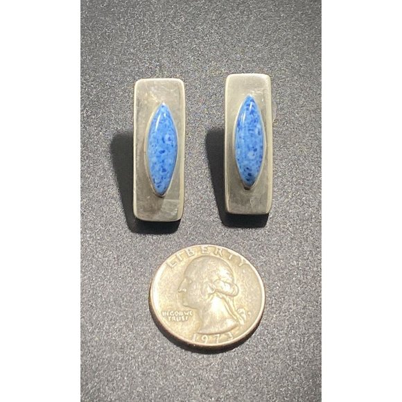Taxco 925 Blue Speckled Stone Geometric Earrings Post Pierced Signed TD-34 - Picture 3 of 5